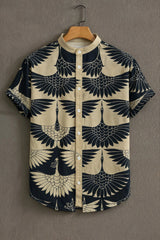 Men's Black Casual Shirt with Crane Print