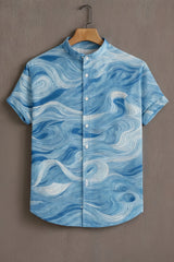Men's Blue Casual Shirt with Wave Print