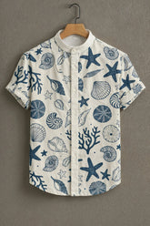 Men's White Casual Shirt with Blue Sea Shell Print