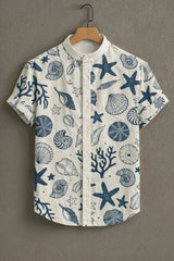 Men's White Casual Shirt with Blue Sea Shell Print