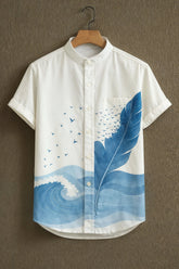 Men's White Casual Shirt with Blue Feather & Wave Print