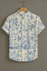 Men's Cream Casual Shirt with Blue Botanical Print