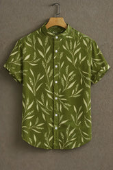 Men's Green Casual Shirt with Leaf Print