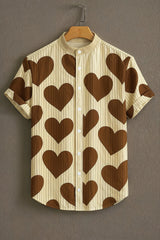 Men's Beige Casual Shirt with Brown Heart Print