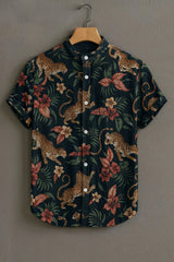 Men's Black Casual Shirt with Leopard & Floral Print