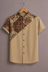 Men's Designer Beige Printed Cotton Blend Shirt