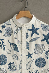 Men's White Casual Shirt with Blue Sea Shell Print