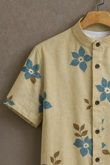 Men's Beige Casual Shirt with Blue Floral Print