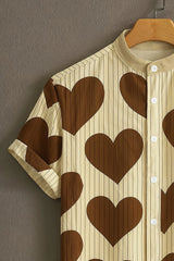 Men's Beige Casual Shirt with Brown Heart Print