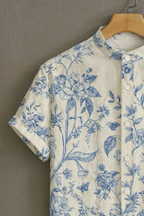 Men's Cream Casual Shirt with Blue Botanical Print