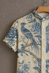 Men's Beige Casual Shirt with Blue Bird & Floral Print