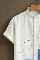 Men's White Casual Shirt with Blue Feather & Wave Print