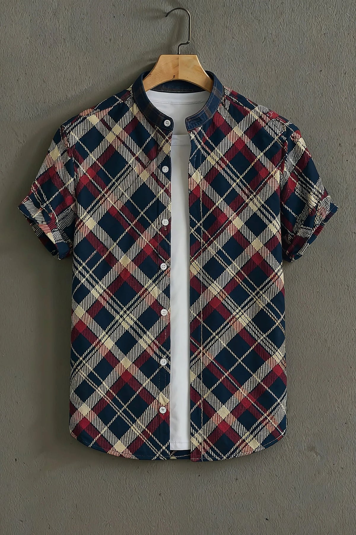 Men's Navy Casual Shirt with Red Check Print