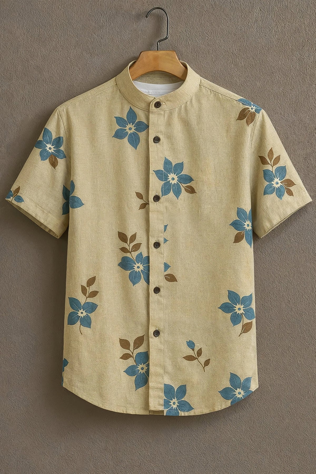 Men's Beige Casual Shirt with Blue Floral Print