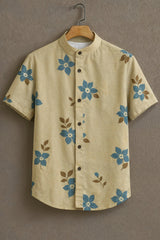 Men's Beige Casual Shirt with Blue Floral Print