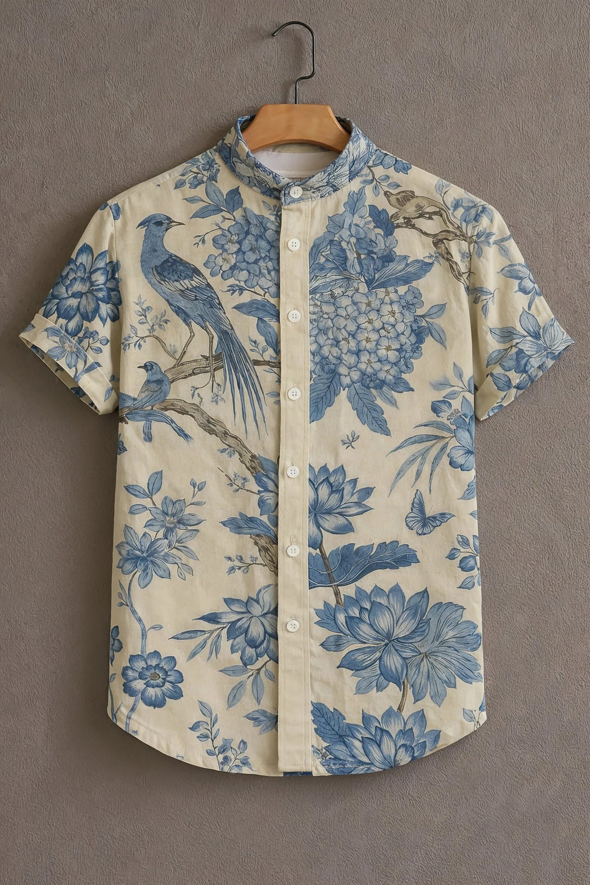Men's Beige Casual Shirt with Blue Bird & Floral Print