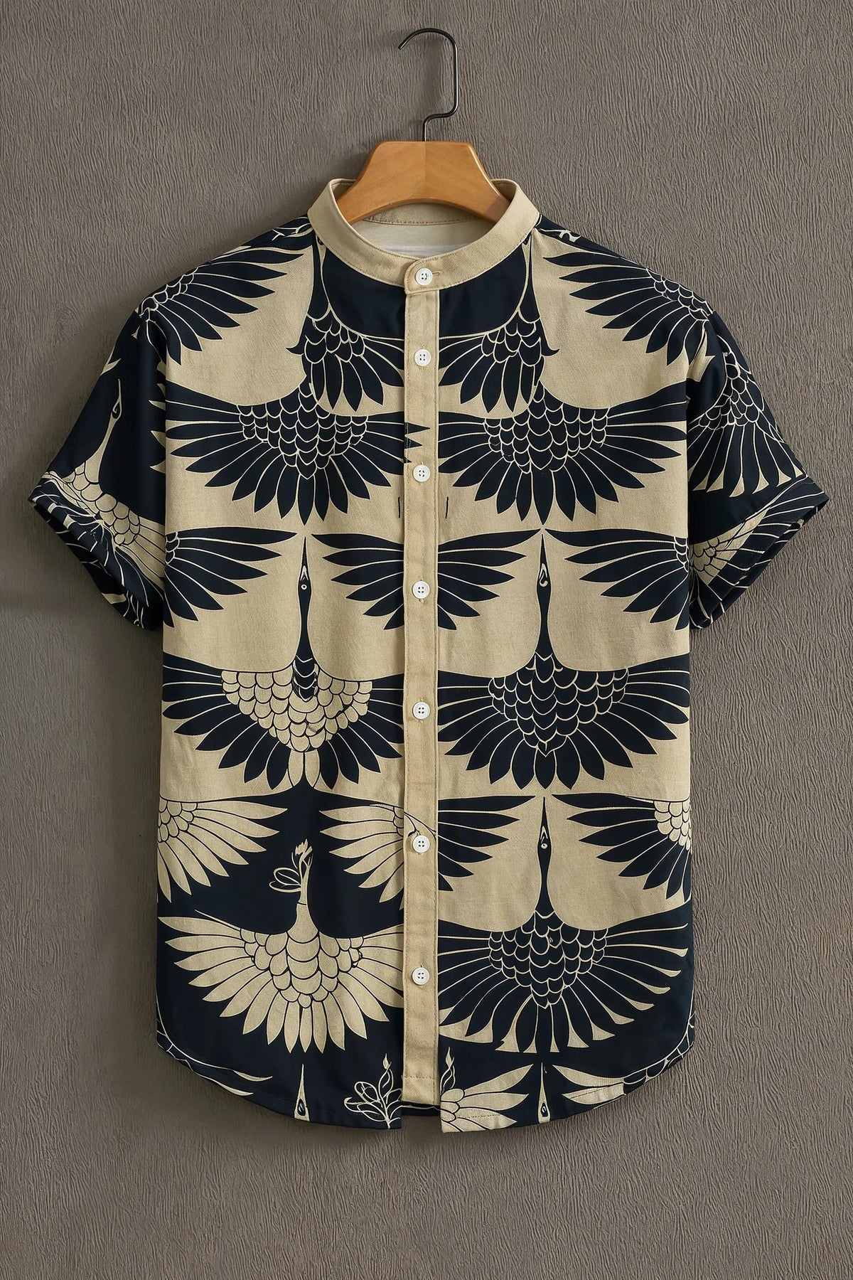 Men's Black Casual Shirt with Crane Print