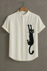 Men's Cream Casual Shirt with Cat Print