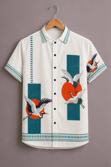 Men's White Crane Print Shirt