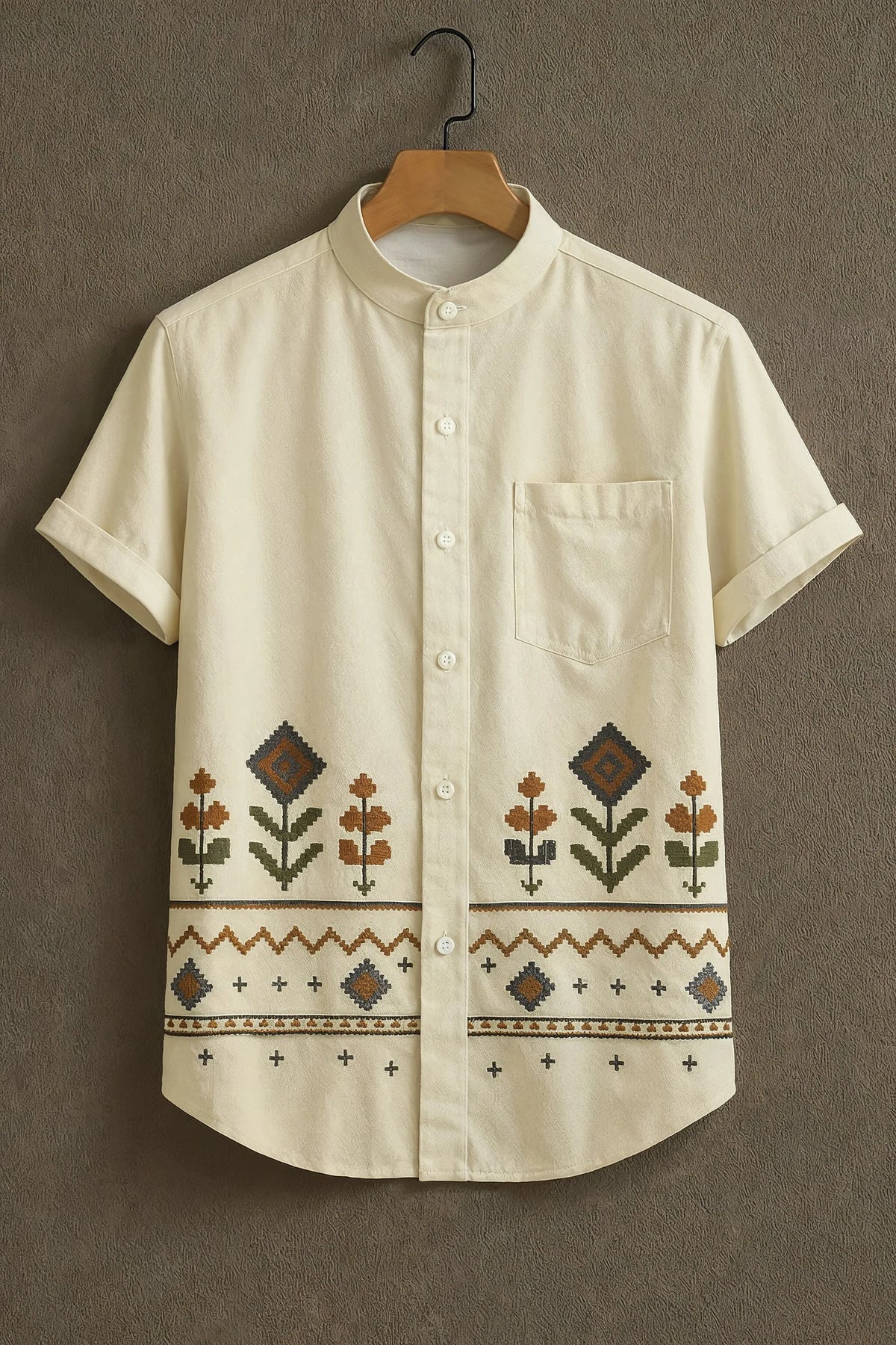 Men's Cream Casual Shirt with Tribal Floral Print