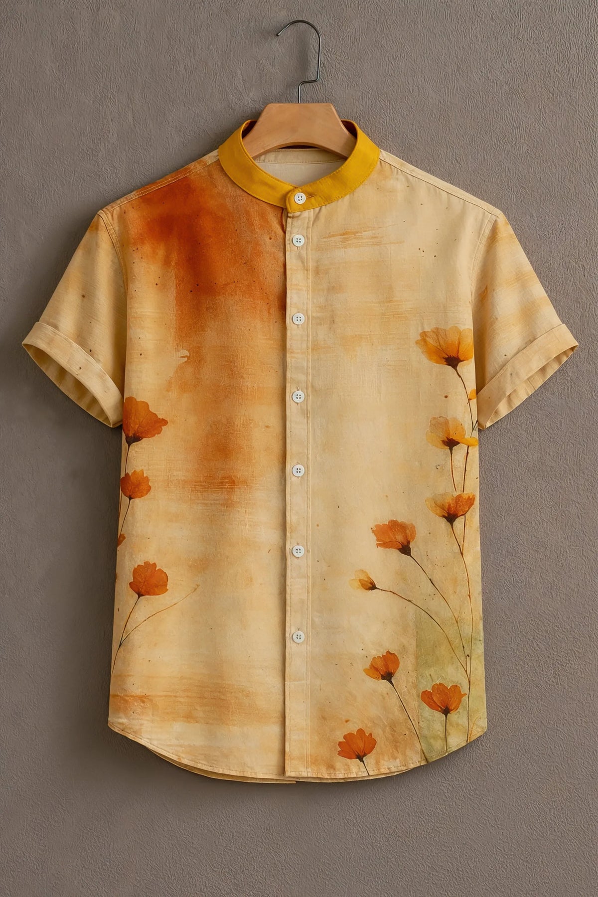 Men's Beige Casual Shirt with Watercolor Floral Print
