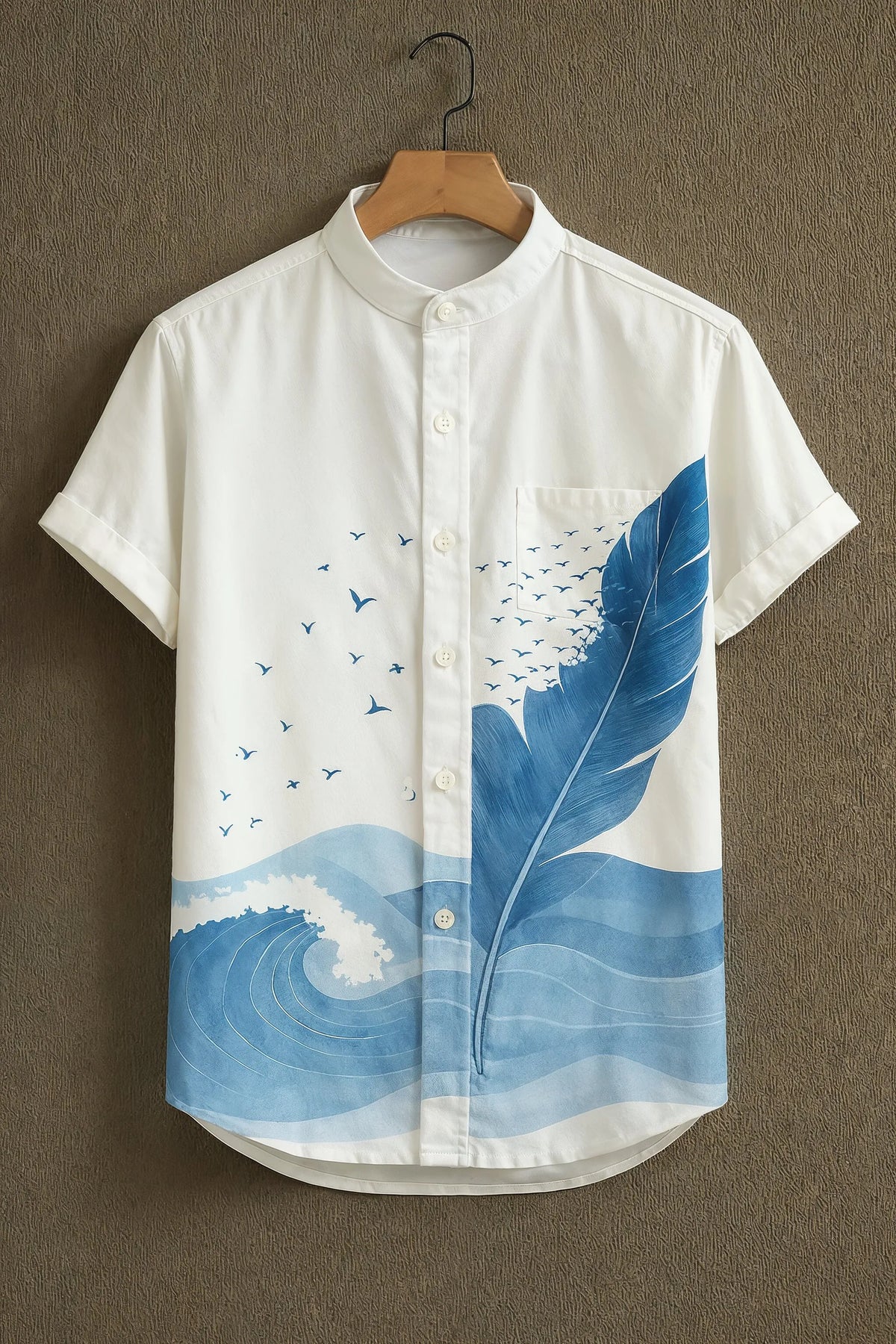 Men's White Casual Shirt with Blue Feather & Wave Print