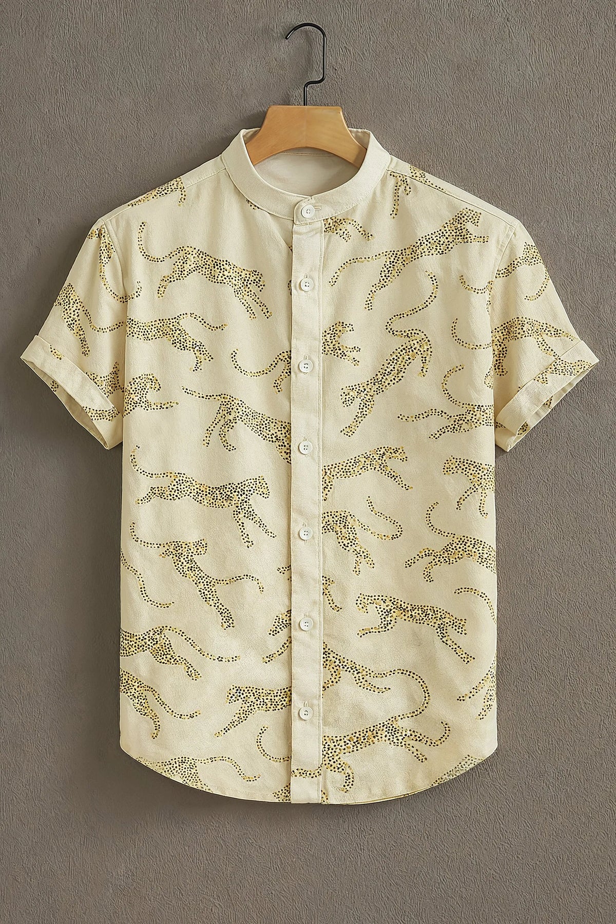 Men's Beige Casual Shirt with Leopard Outline Print