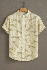 Men's Beige Casual Shirt with Leopard Outline Print