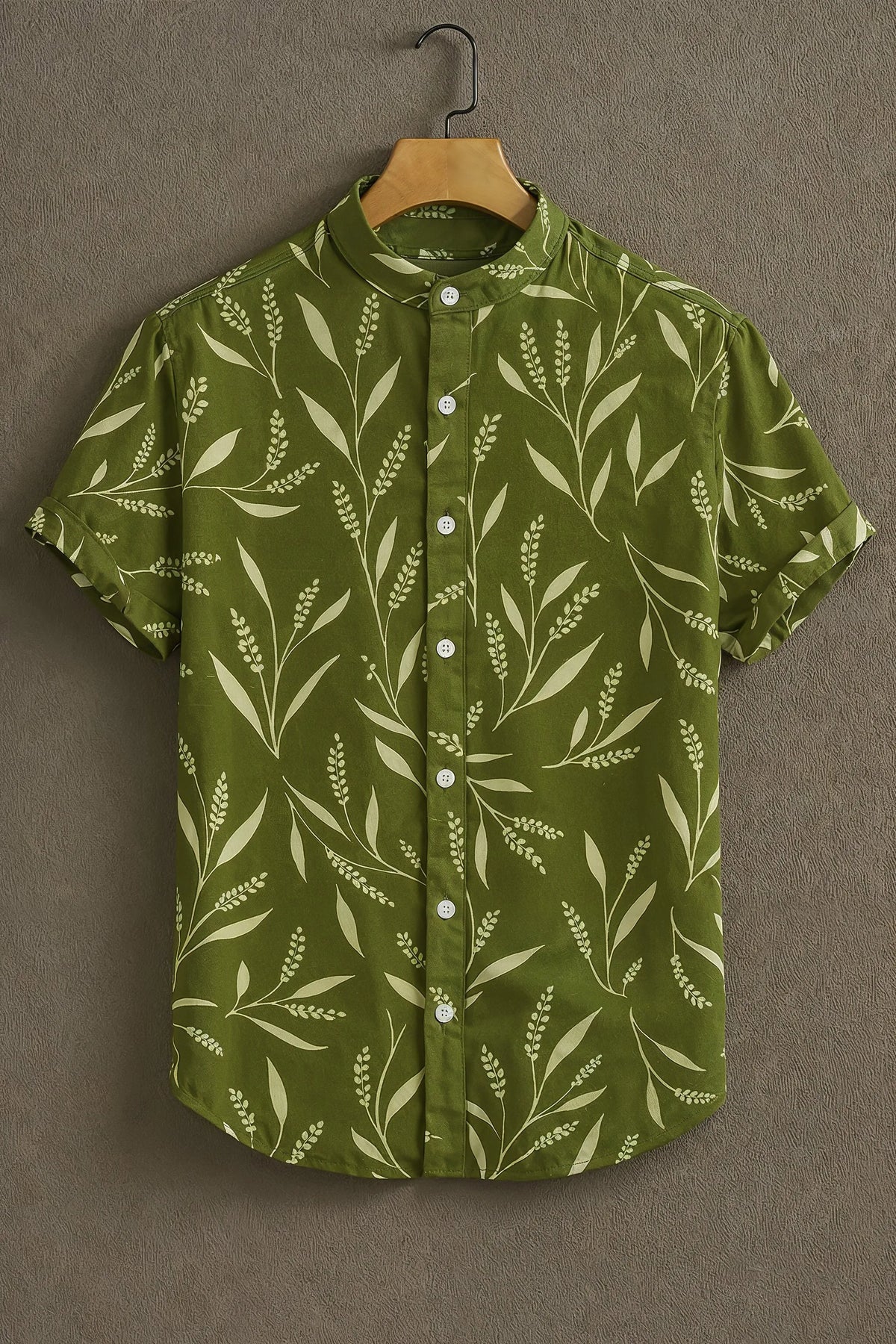 Men's Green Casual Shirt with Leaf Print