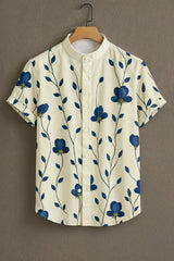 Men's Cream Casual Shirt with Blue Floral Print