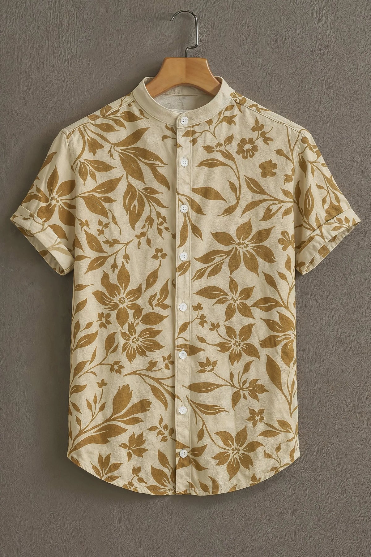 Men's Beige Casual Shirt with Brown Floral Print
