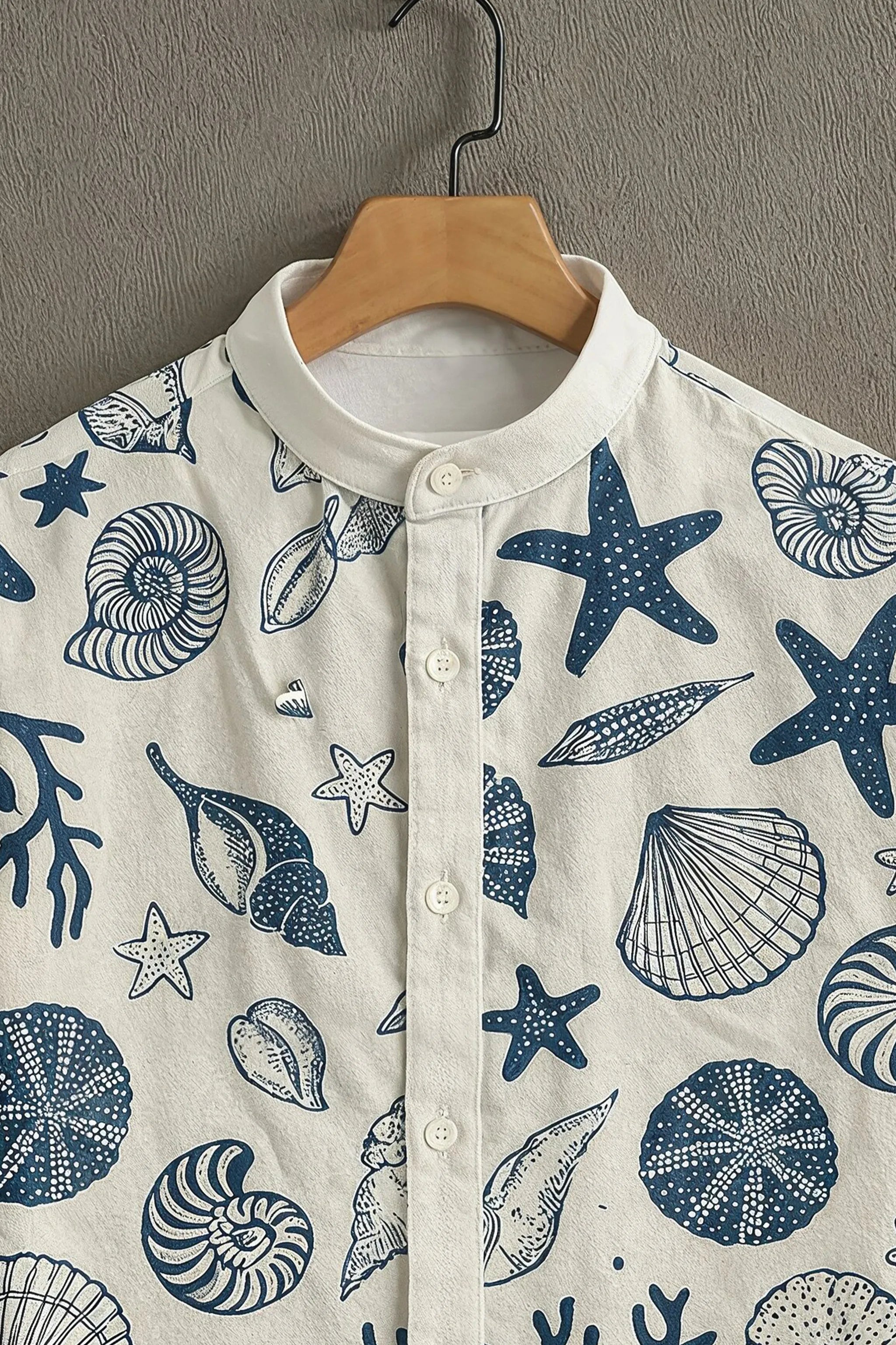 Men's White Casual Shirt with Blue Sea Shell Print