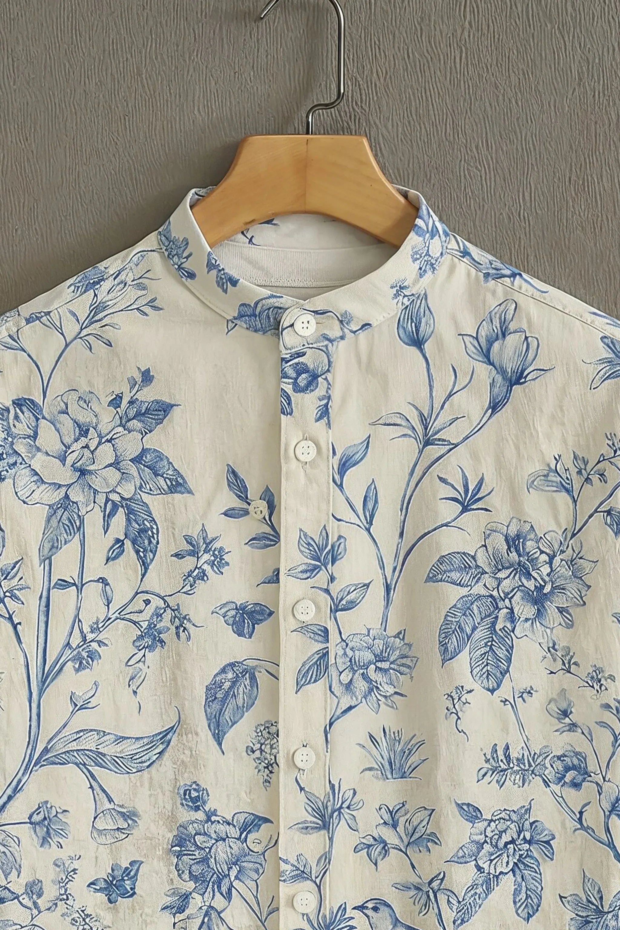 Men's Cream Casual Shirt with Blue Botanical Print