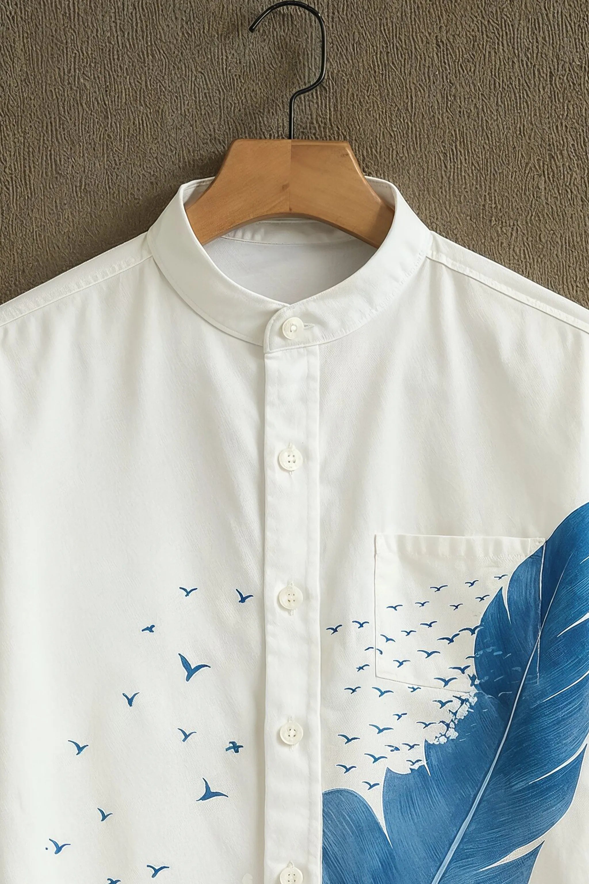 Men's White Casual Shirt with Blue Feather & Wave Print