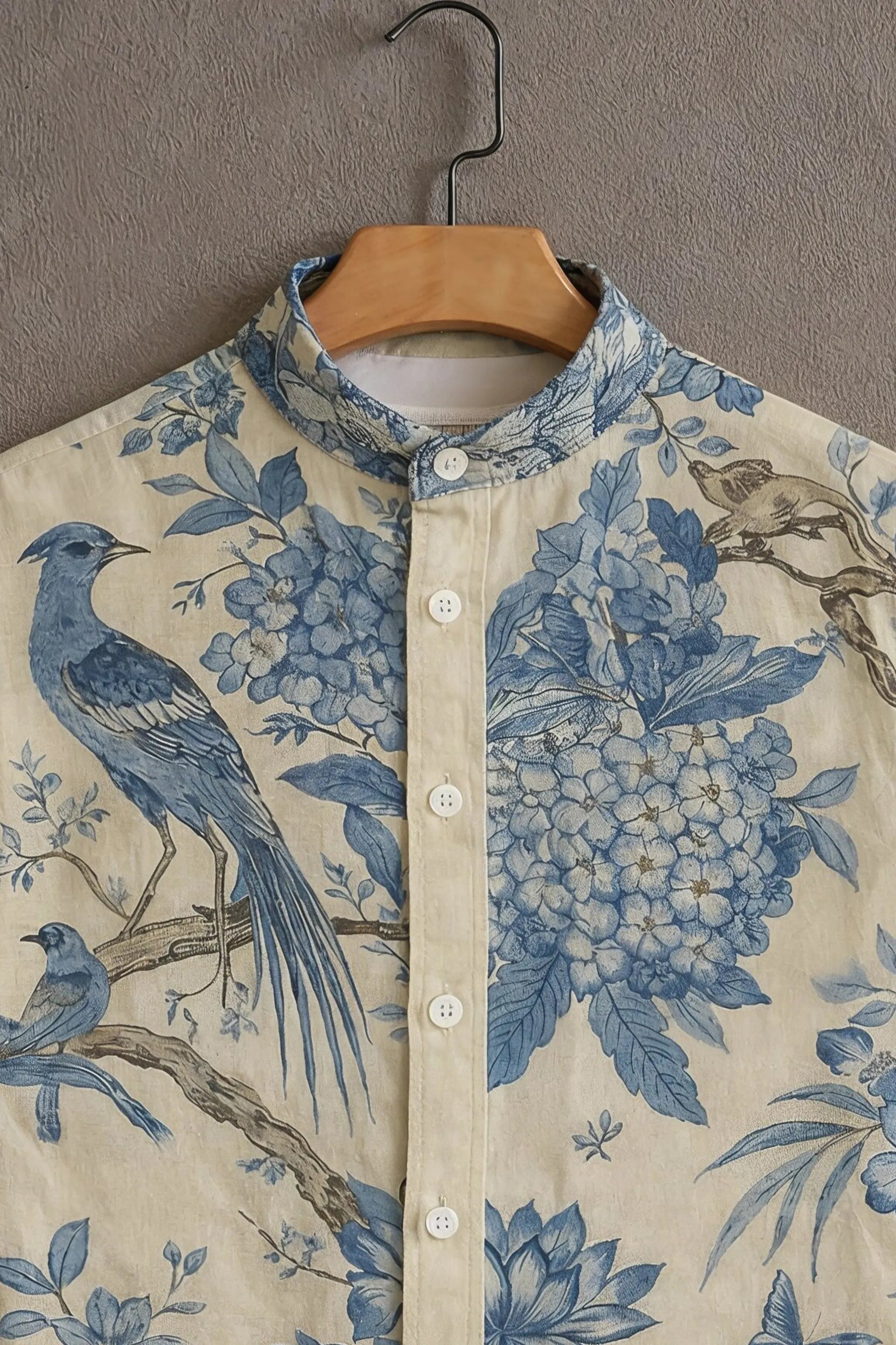 Men's Beige Casual Shirt with Blue Bird & Floral Print
