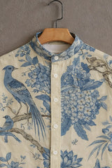 Men's Beige Casual Shirt with Blue Bird & Floral Print