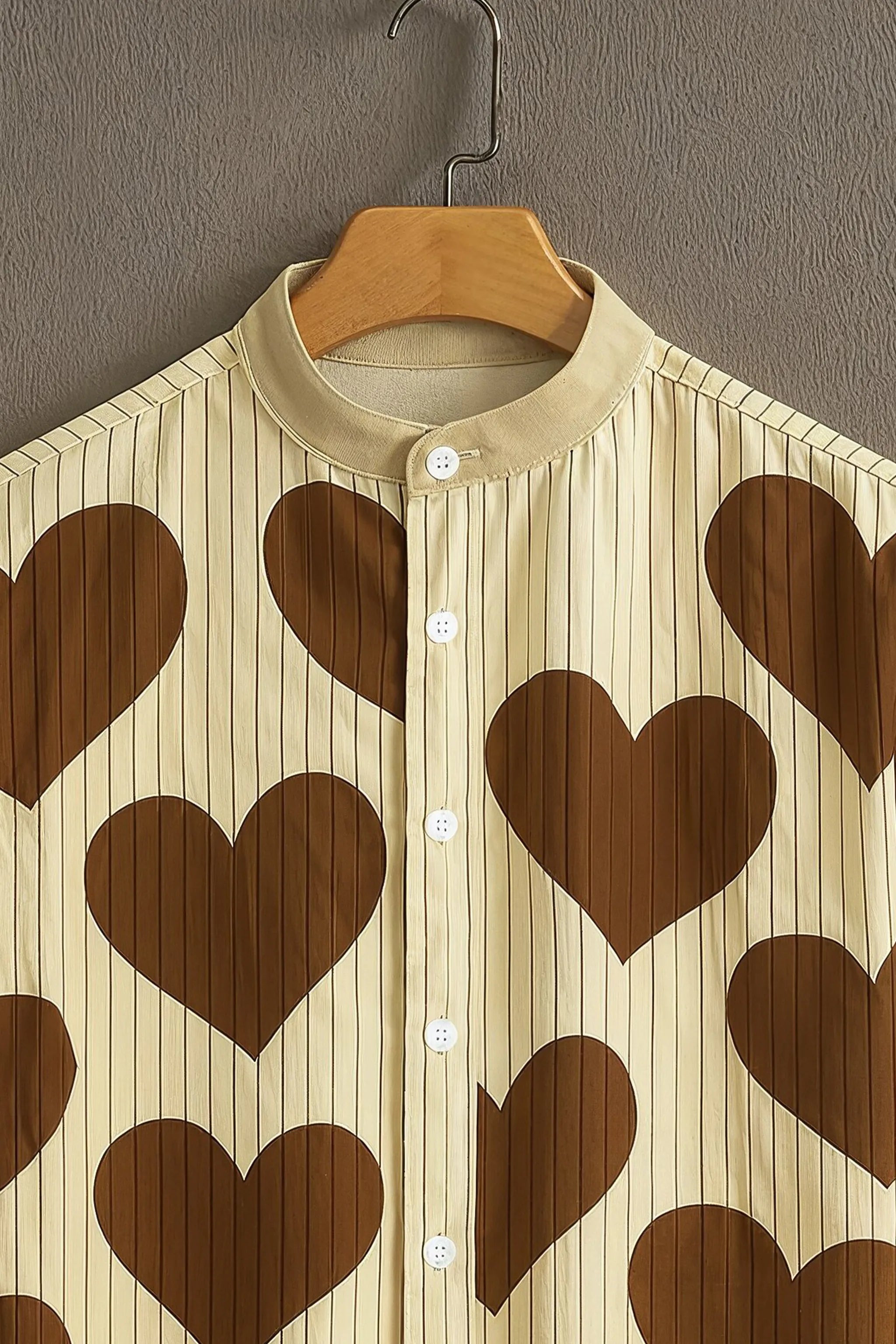 Men's Beige Casual Shirt with Brown Heart Print