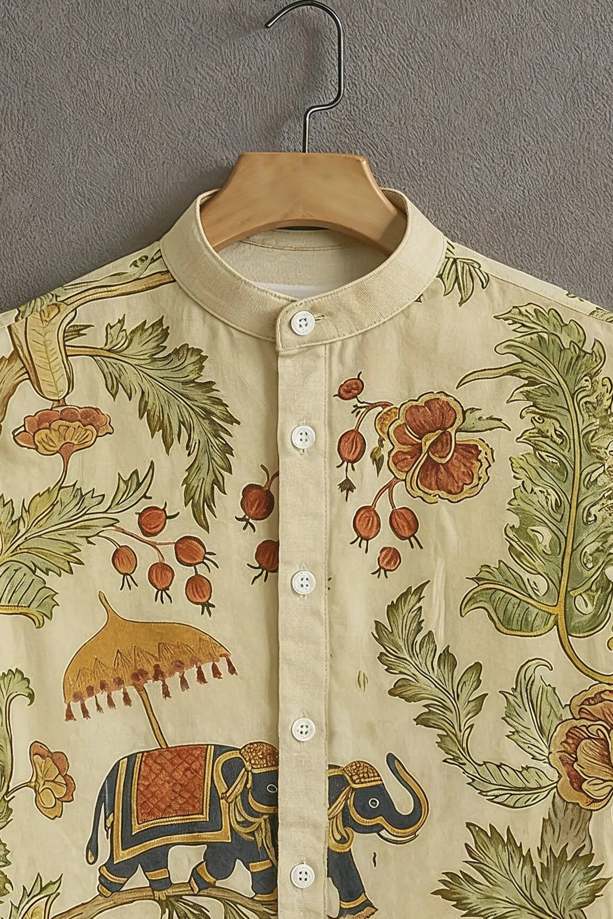 Men's Cream Casual Shirt with Royal Elephant Print