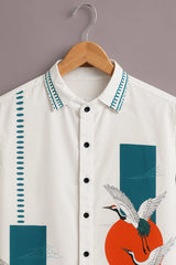 Men's White Crane Print Shirt