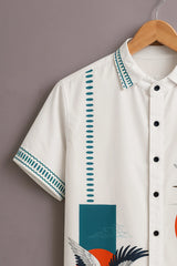 Men's White Crane Print Shirt