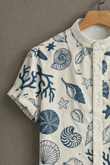 Men's White Casual Shirt with Blue Sea Shell Print