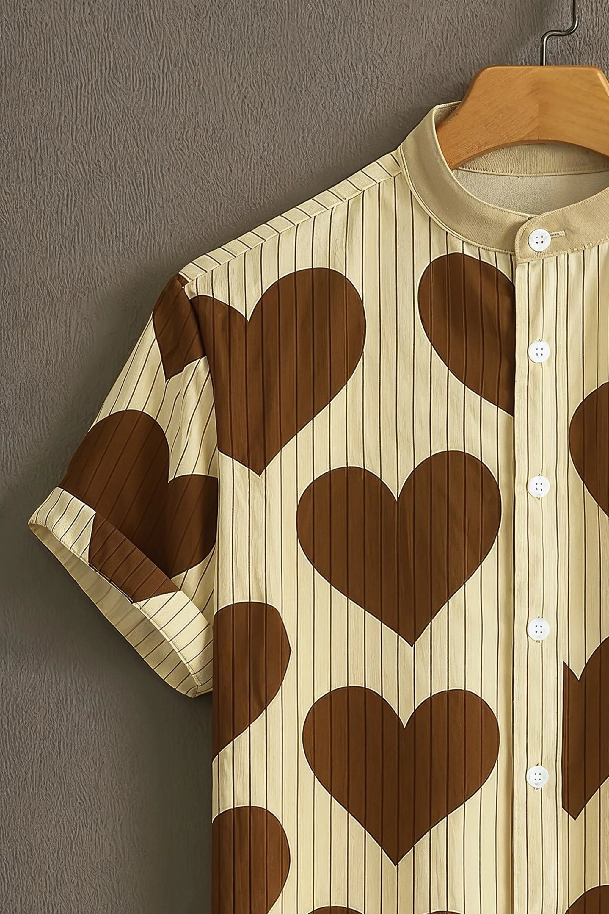 Men's Beige Casual Shirt with Brown Heart Print