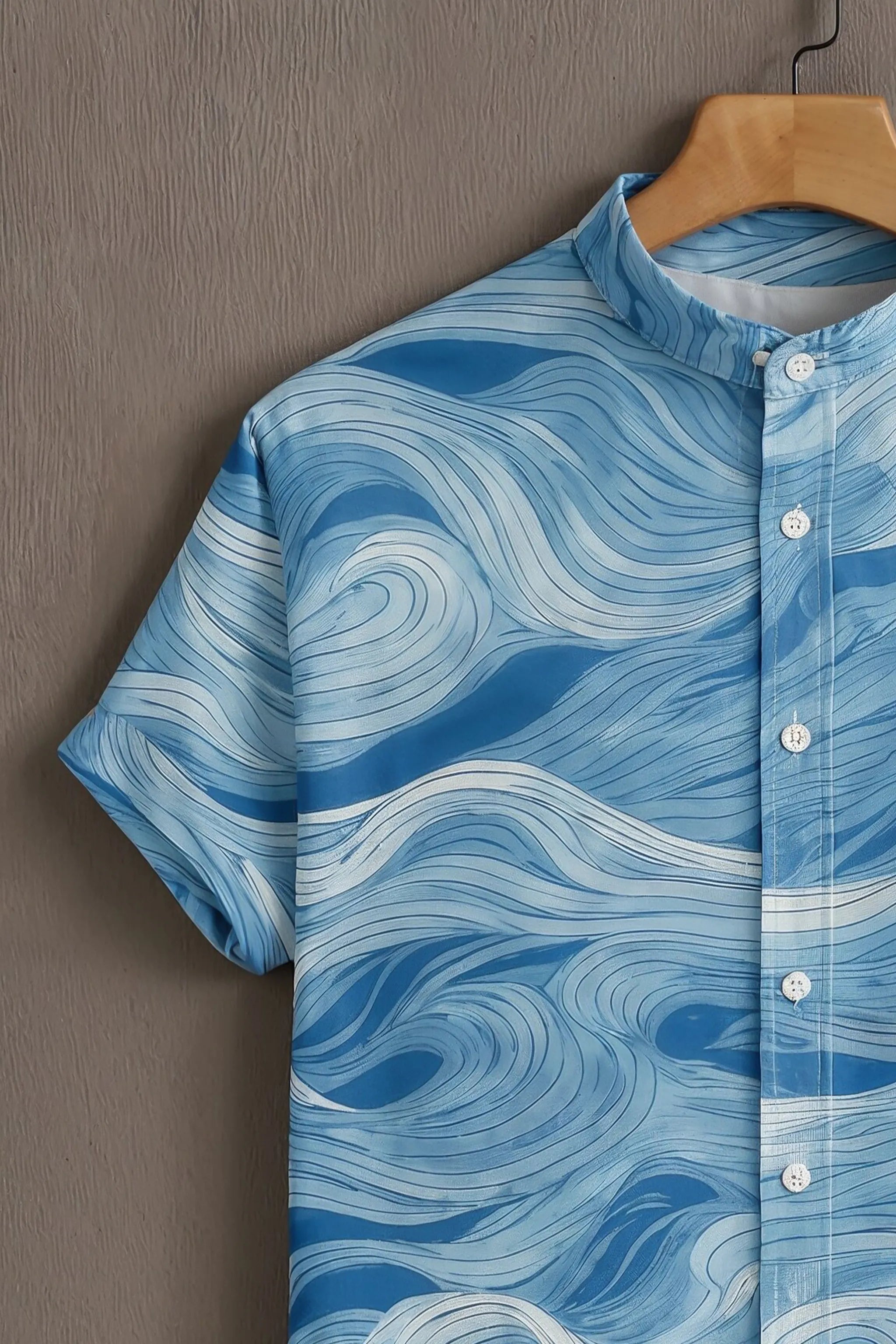 Men's Blue Casual Shirt with Wave Print