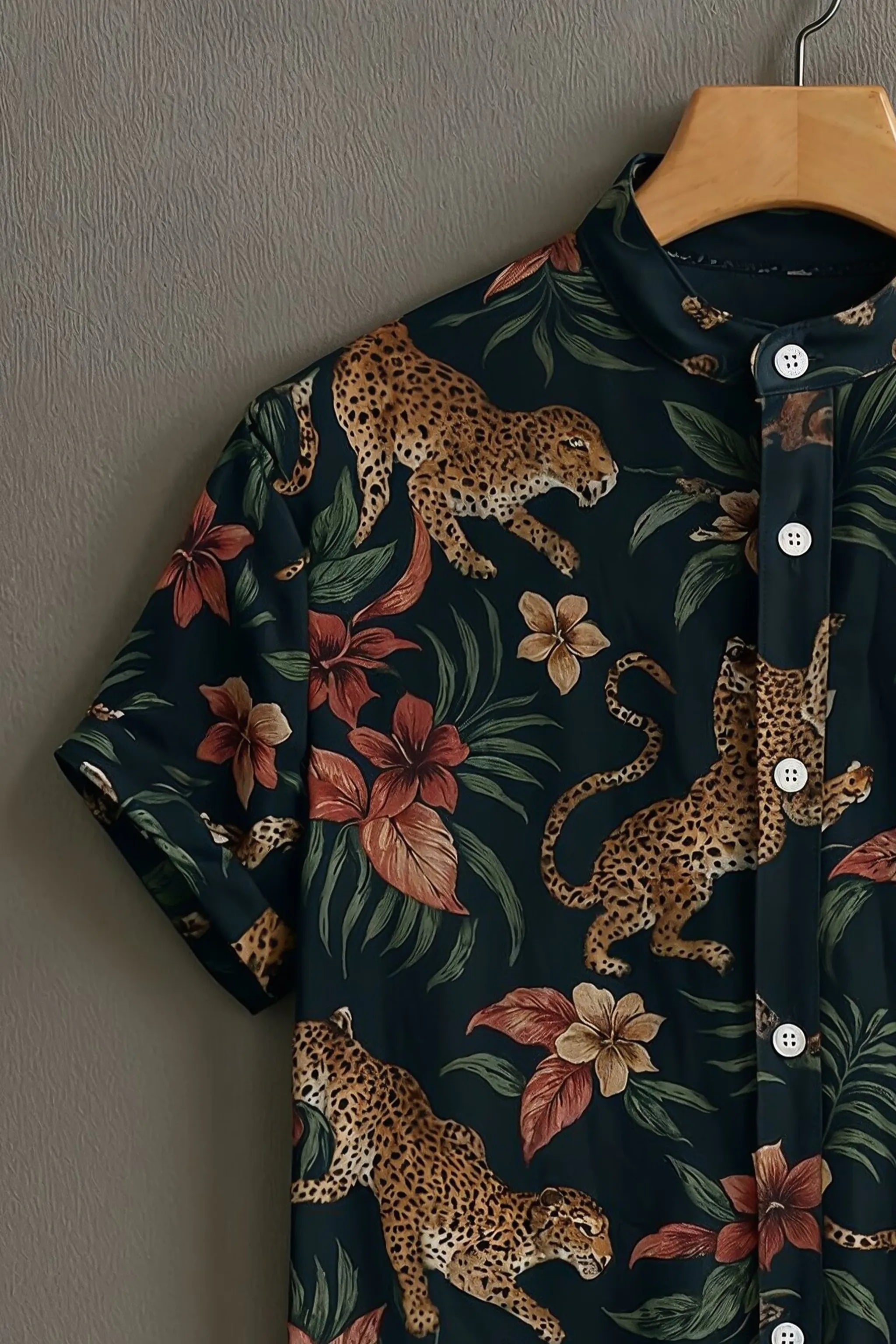 Men's Black Casual Shirt with Leopard & Floral Print