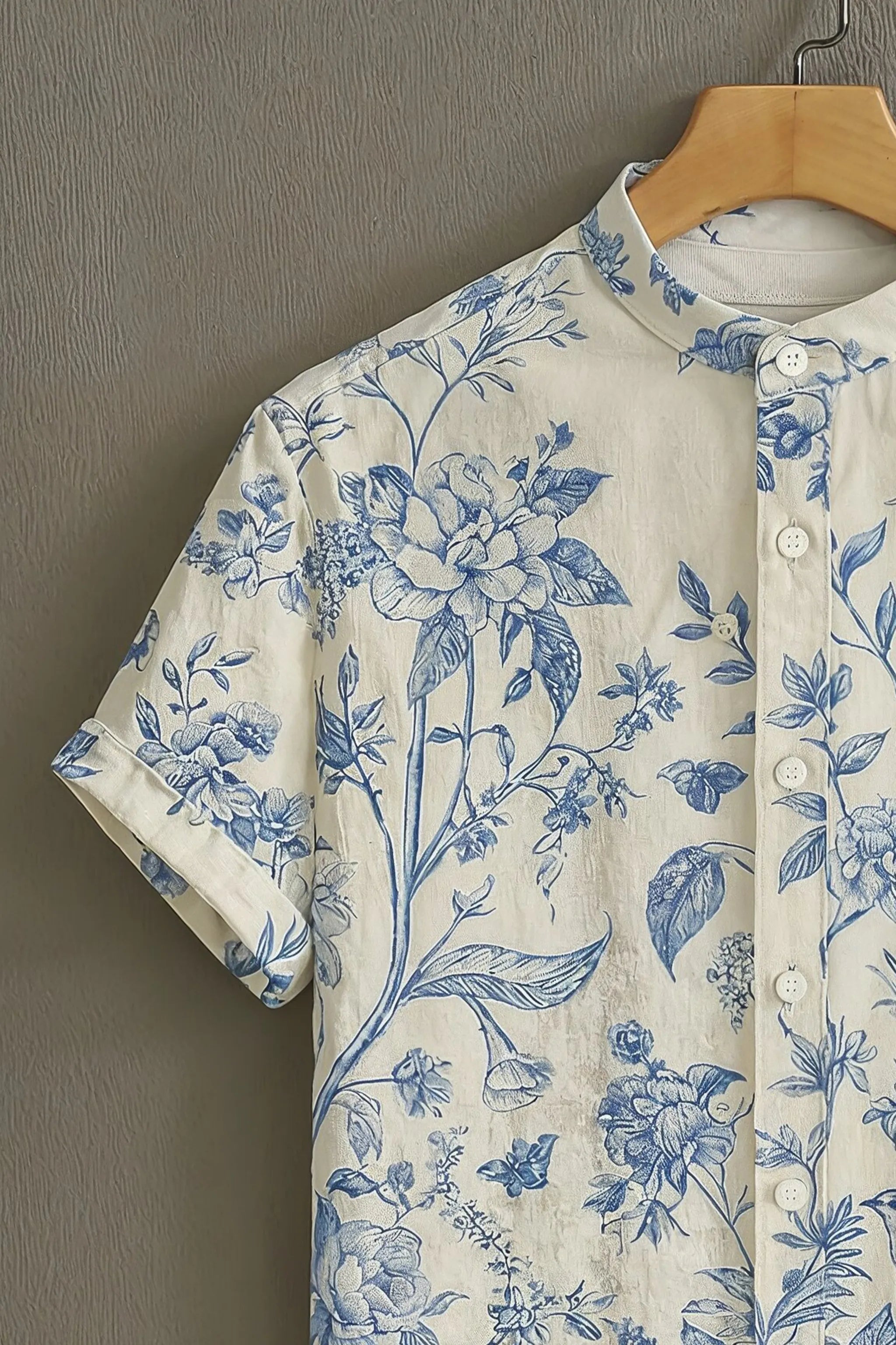 Men's Cream Casual Shirt with Blue Botanical Print