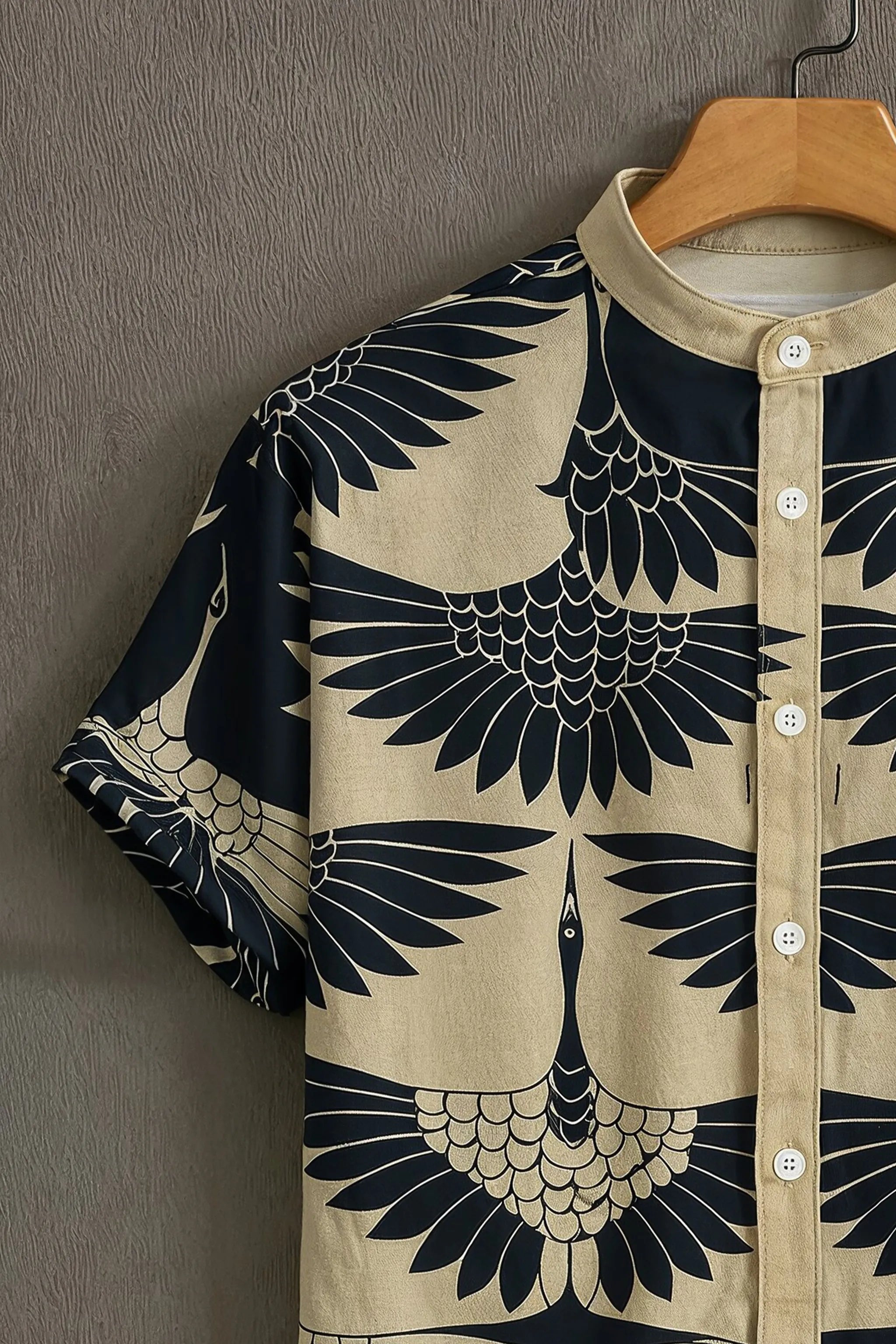 Men's Black Casual Shirt with Crane Print