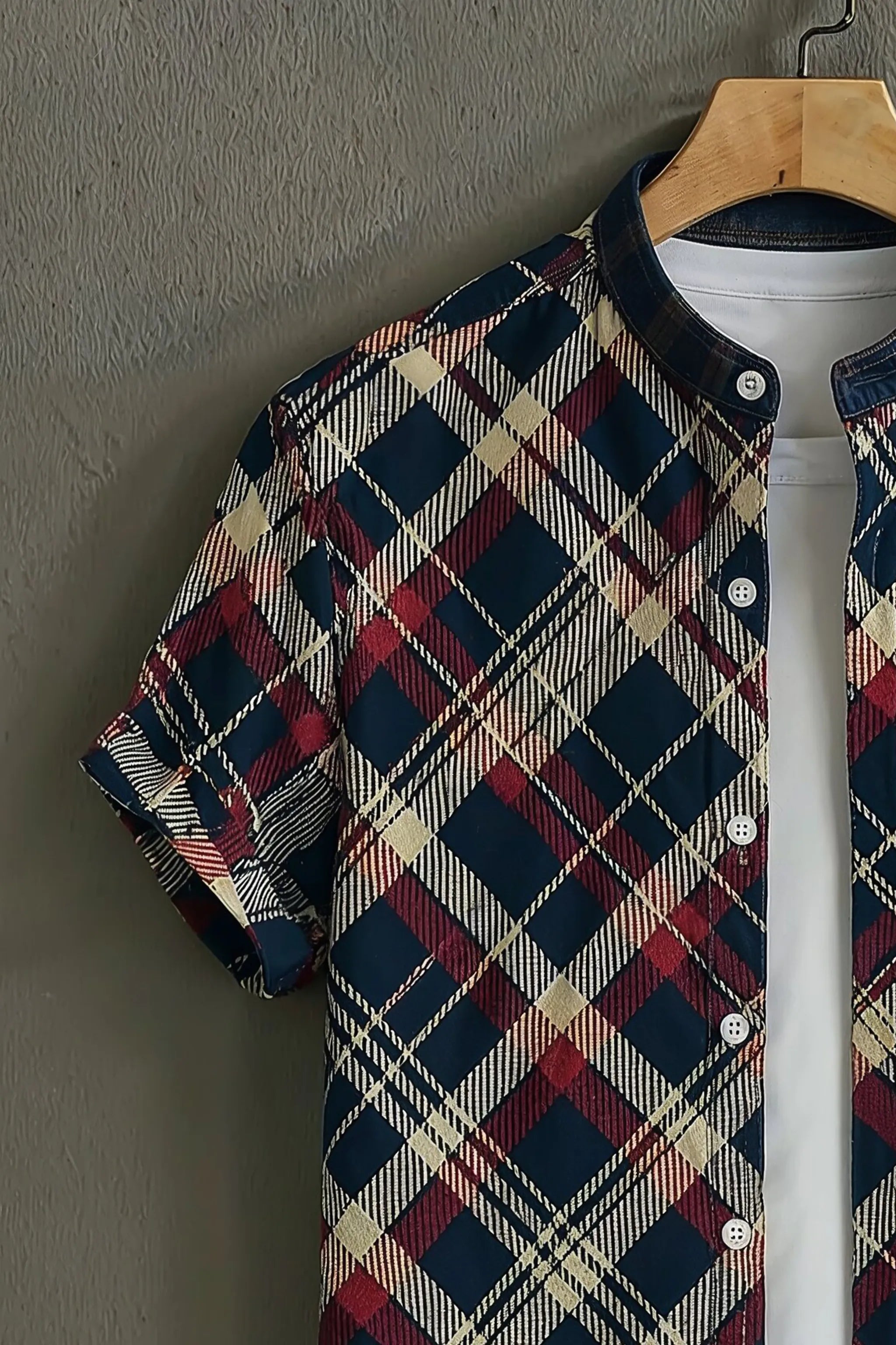 Men's Navy Casual Shirt with Red Check Print