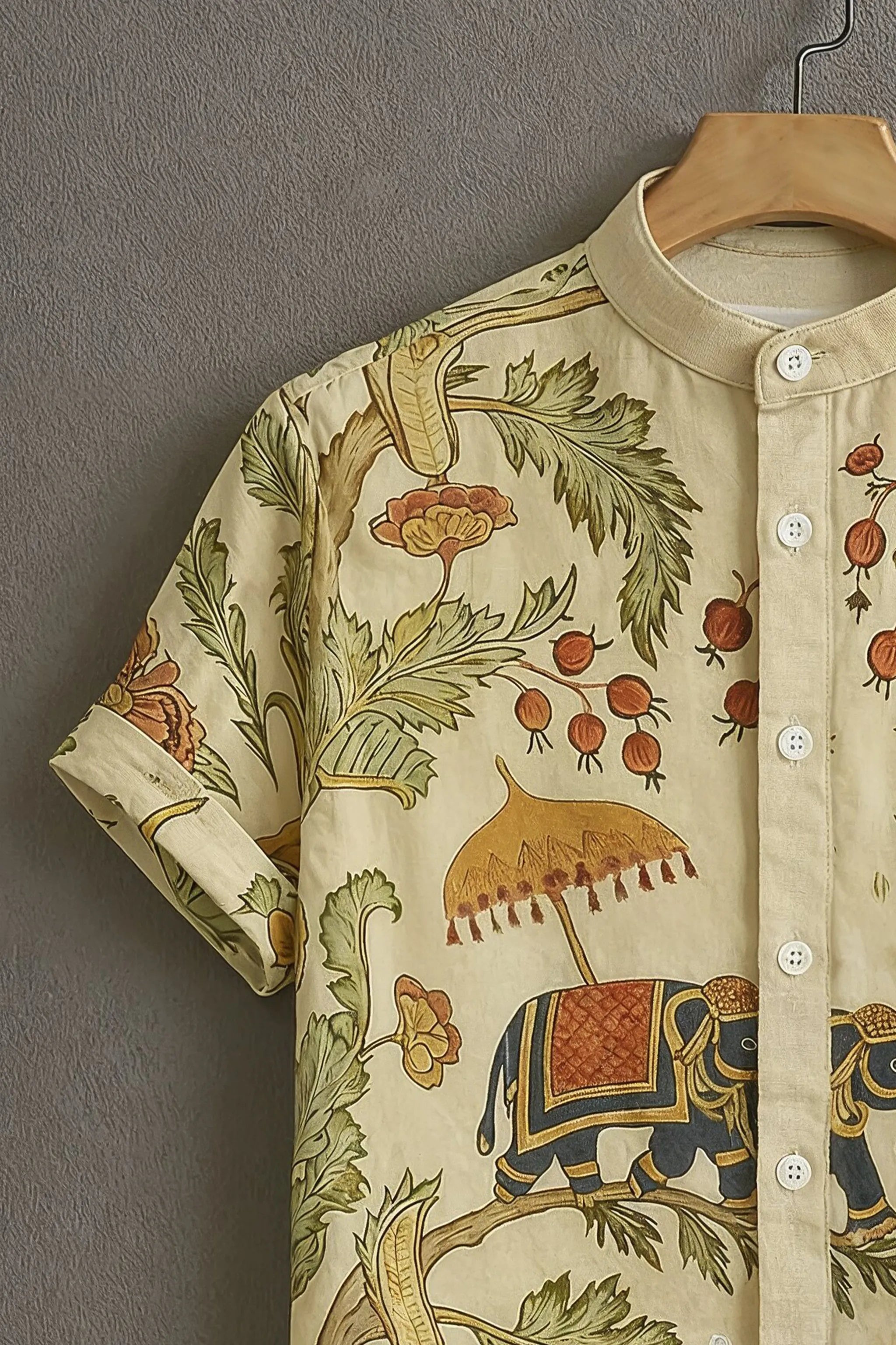 Men's Cream Casual Shirt with Royal Elephant Print
