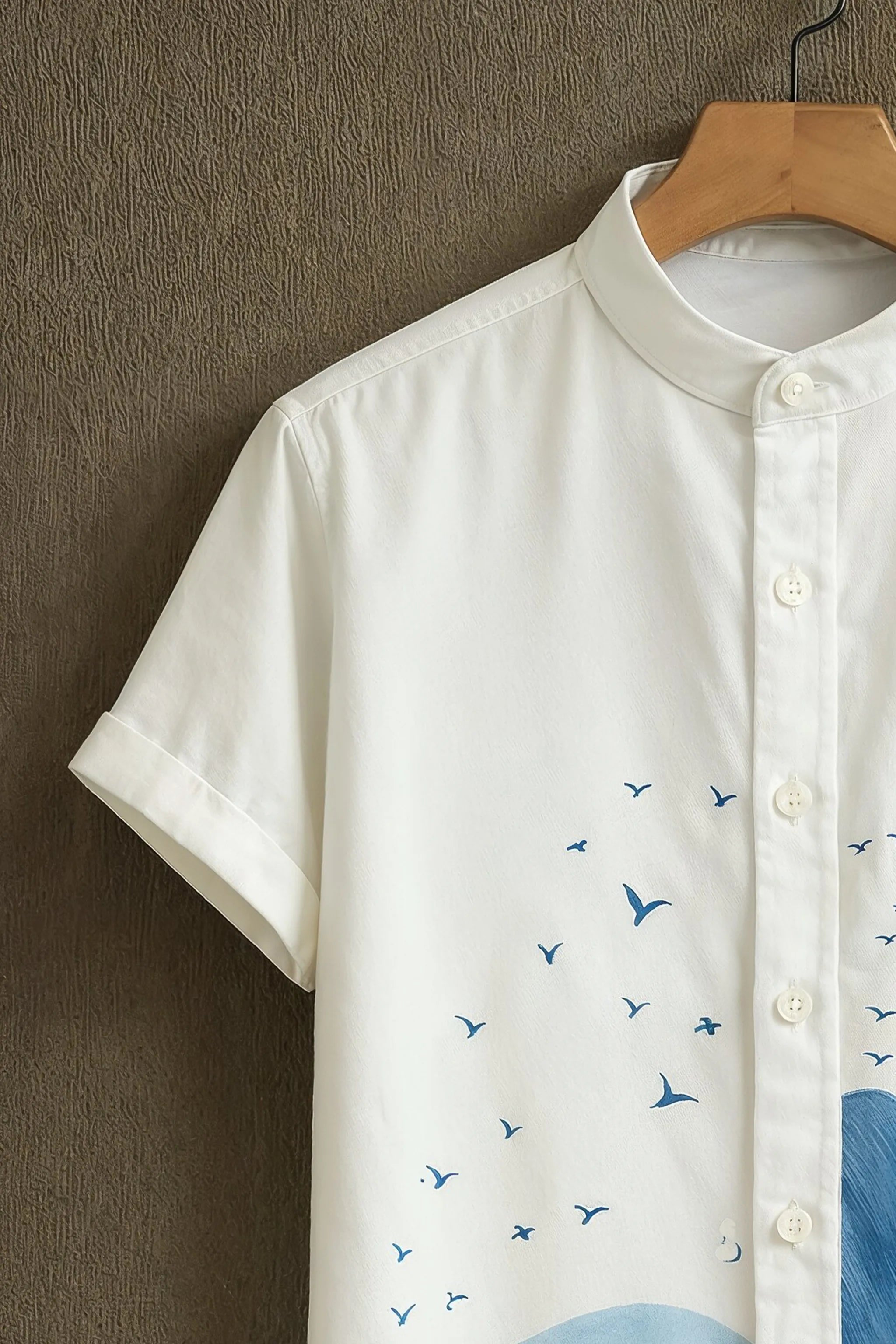 Men's White Casual Shirt with Blue Feather & Wave Print
